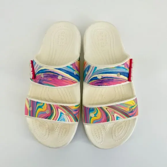 Crocs Unisex Slide Sandals Size M6 W8 White Multicolor Comfort Open Toe Poolcore - Picture 3 of 9